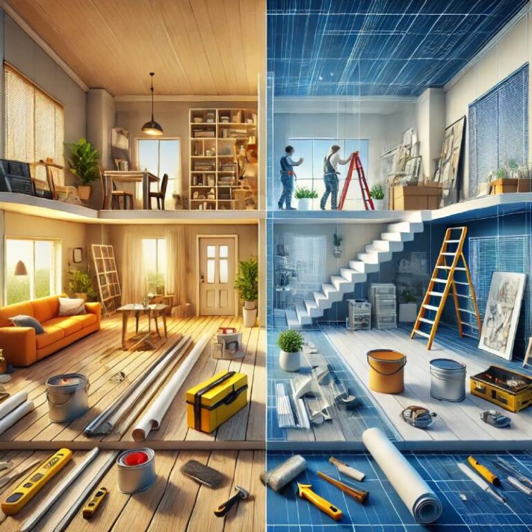 Home renovation concept: before and after transformation.