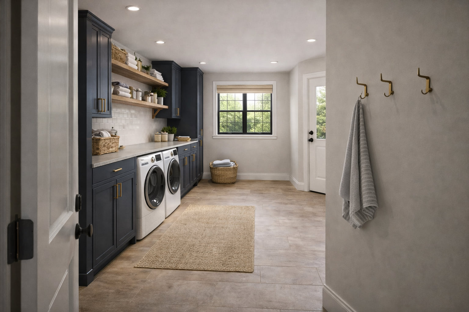 Blue laundry room with custom cabinetry